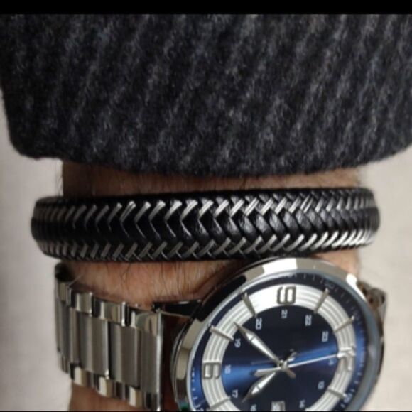 Men’s Braided Leather & Steel Adjustable Bracelet - Picture 3 of 9